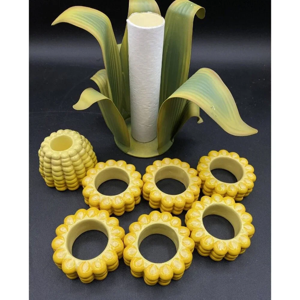 Yellow Corn On The Cob 6 Napkin Rings Candle Holder Napkin Holder Set Vintage
